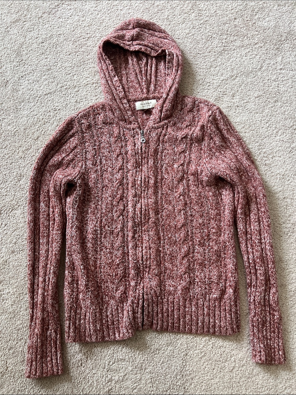 Sonoma Dusty Rose Cable-Knit Hooded Zip Cardigan